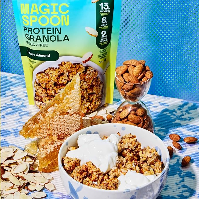 Magic Spoon Protein Granola - High Protein Granola, Keto Friendly, Low Sugar, Grain Free, Healthy Breakfast or Quick Snack (1 bag of each: Honey Almond, Dark Chocolate Almond, Peanut Butter, Mixed Berry)