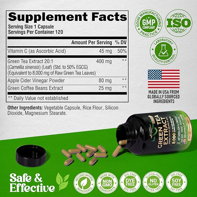 Green Tea Extract Capsules with Green Coffee Beans & Apple Cider Vinegar - Energy & Metabolism Support - Green Tea Supplement 50% EGCG - 20:1 Natural Extract - for Men & Women - 120 Vegan Capsules