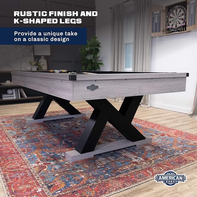 American Legend Kirkwood 90” Billiard Table with Rustic Finish, K-Shaped Legs and Black Cloth, Brown