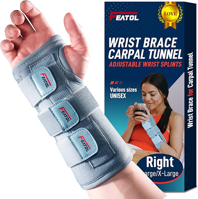 FEATOL Wrist Brace Carpal Tunnel for Women Men, Adjustable Night Sleep Support Brace with Splints Right Hand, Small/Medium