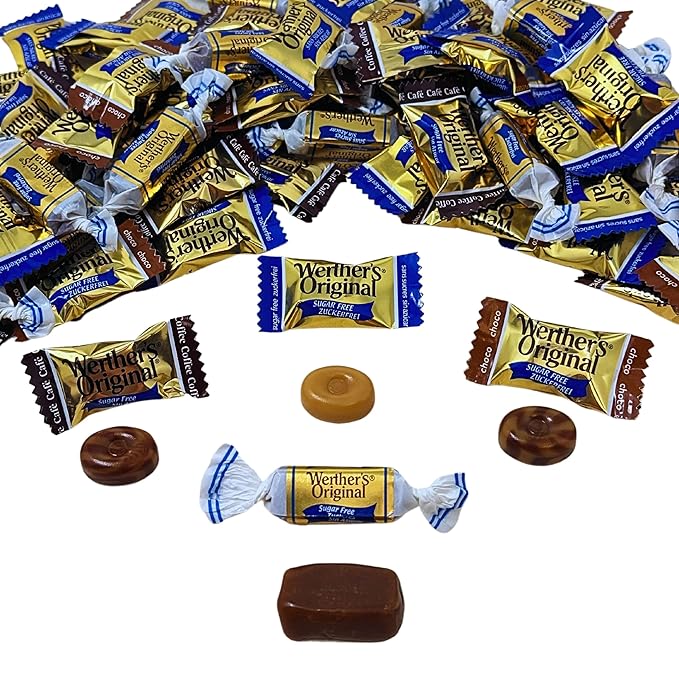 Werther's Original Premium Sugar Free Hard & Soft Chewy 4 Flavors Assortment 1-Lb Creamy Caramel, Rich Chocolate, Smooth Coffee Hard Candies And Soft Caramel Chews, Keto And Diabetic Friendly Individually Wrapped Variety Pack (16oz)