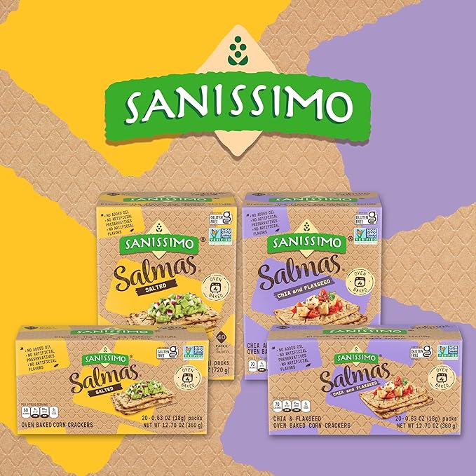 Sanissimo Salmas Chia & Flaxseed, 20 Packs of 3 Crackers, Oven Baked Corn Crackers, Gluten Free, Non-GMO, Kosher Certified