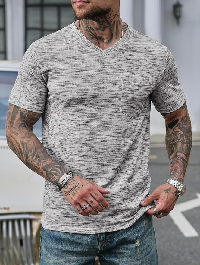 Men's V Neck T Shirts Casual Stylish Fitted Stretch Tee Shirt with Pocket (S-3XL)