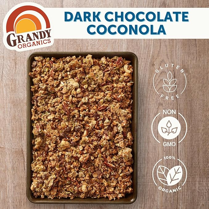 Grandy Organics Dark Chocolate Coconola Granola, Certified Organic Gluten Free Granola, Grain Free, Chocolate Flavored Coconola, Kosher Certified, Paleo Friendly, 9oz Each, Pack of 3