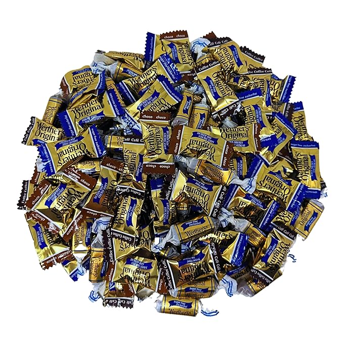 Werther's Original Premium Sugar Free Hard & Soft Chewy 4 Flavors Assortment 1-Lb Creamy Caramel, Rich Chocolate, Smooth Coffee Hard Candies And Soft Caramel Chews, Keto And Diabetic Friendly Individually Wrapped Variety Pack (16oz)