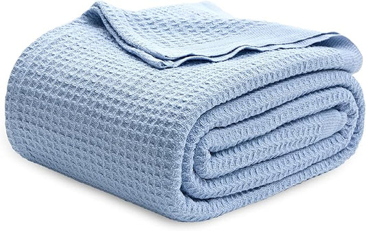 Bedsure 100% Cotton Blanket Queen Size for Bed - Breathable and Soft, Waffle Weave Blanket for Summer, Thick Cozy Fall Blankets for Women Gift, Sky Blue, 90x90 Inches