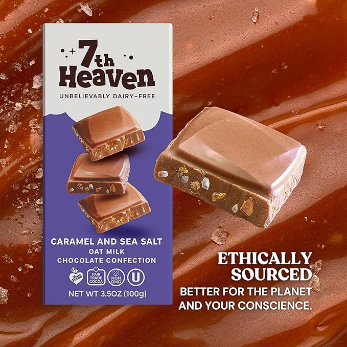 7th Heaven, Vegan Caramel and Sea Salt Oat Milk Chocolate Bars (3.5oz Full Size Candy Bars - 4 Packs) - Perfect for Easter Candy, Plant Based Dairy Free Chocolate with Peanut Butter Filling, Fair Trade Cocoa & Coconut Oil, Kosher Parve