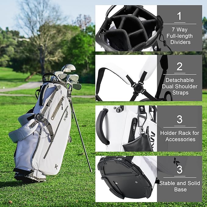 KVV Lightweight Golf Stand Bag with 7 Way Full-Length Dividers, 5 Zippered Pockets, Automatically Adjustable Dual Straps，Elegant Design