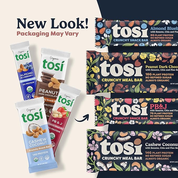 Tosi Peanut Dark Chocolate Protein Bars (8G) - Plant Based Healthy Snacks, Gluten-Free Crunchy Snacks, Vegan & Organic, Flax & Chia Seeds, Soy-Free, Omega 3s, 1 oz, 12-Pack