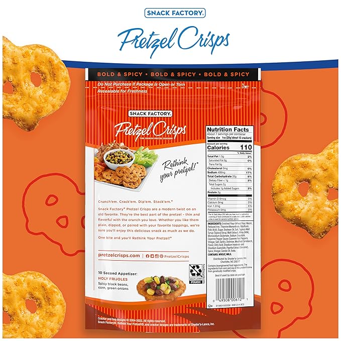 Snack Factory Buffalo Wing Pretzel Crisps, Non-GMO, 7.2 OZ Resealable Bag