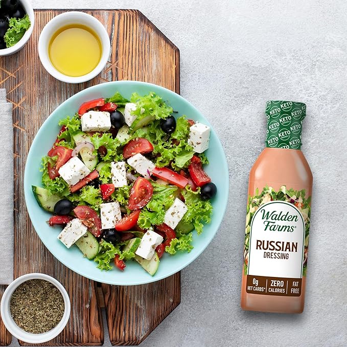Walden Farms Russian Dressing – Calorie-Free, Gluten-Free, Low Carb, Keto-Friendly, Sugar-Free, Fat-Free, Dairy-Free Sweet & Tangy Russian Flavor – 6-Pack, 12 oz Bottles