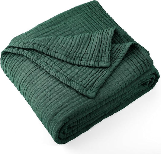 Carriediosa 100% Cotton Muslin Throw Blanket 108" X 90" King Size，4-Layers Summer Gauze Throws for Bed Couch，Soft Lightweight Breathable Linen Blankets Bedspread for Adults All Season，Dark Green