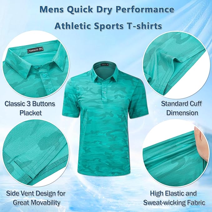 TAPULCO Mens Quick Dry Polo Shirts Camouflage Pattern Performance Athletic Lightweight Breathable Casual Golf Tshirts