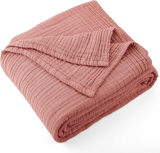 Carriediosa 100% Cotton Muslin Throw Blanket 108" X 90" King Size，4-Layers Summer Gauze Throws for Bed Couch，Soft Lightweight Breathable Linen Blankets Bedspread for Adults All Season，Mauve