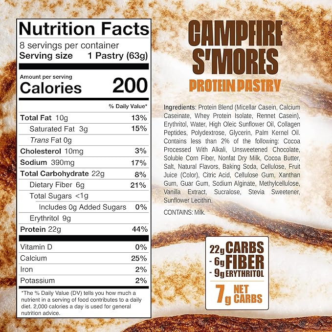 Legendary Foods 22g Campfire S'mores Protein Pastry 8x - Low Carb Meal Replacement Bar - Low Glycemic, Gluten Free Protien Snacks - Healthy Keto Snack Zero Sugar Energy Bars - Diabetic Friendly