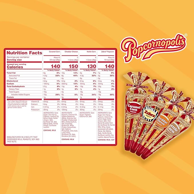 Popcornopolis Gourmet Popcorn Mini Cones Variety Pack – 10 Each of Zebra, Cheddar Cheese, Caramel & Kettle Corn Popcorn, Great for Gifting, Parties & Snacks, (40-Count Case)