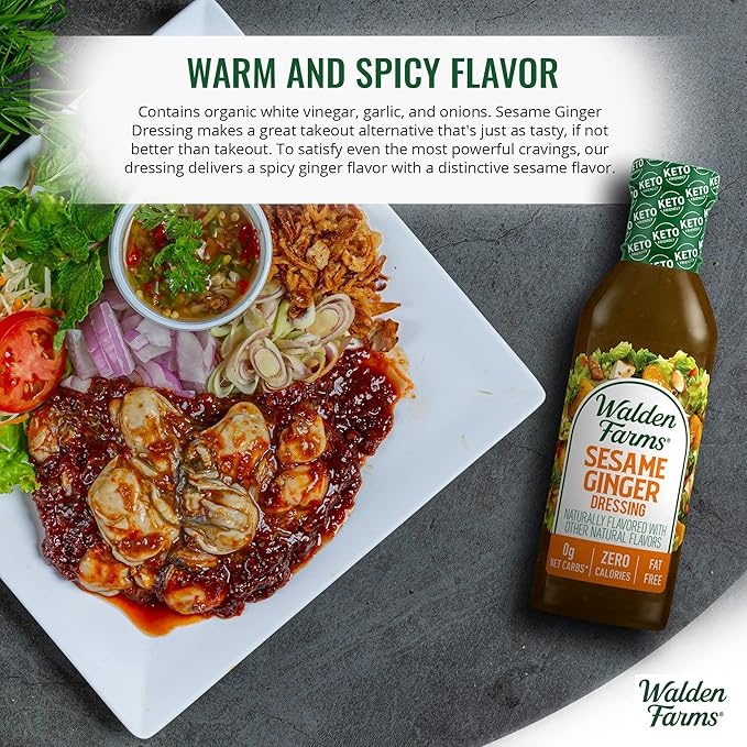 Walden Farms Sesame Ginger Dressing – Calorie-Free, Gluten-Free, Low Carb, Keto-Friendly, Sugar-Free, Fat-Free, Dairy-Free Savory Sesame Ginger Flavor – 12 oz Bottle