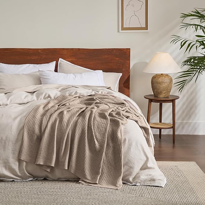 Bedsure 100% Cotton Blanket Twin XL Size for College Dorm - Breathable and Soft, Waffle Weave Twin Blanket for Summer, Dorm Room Essentials, Taupe, 66x90 inches