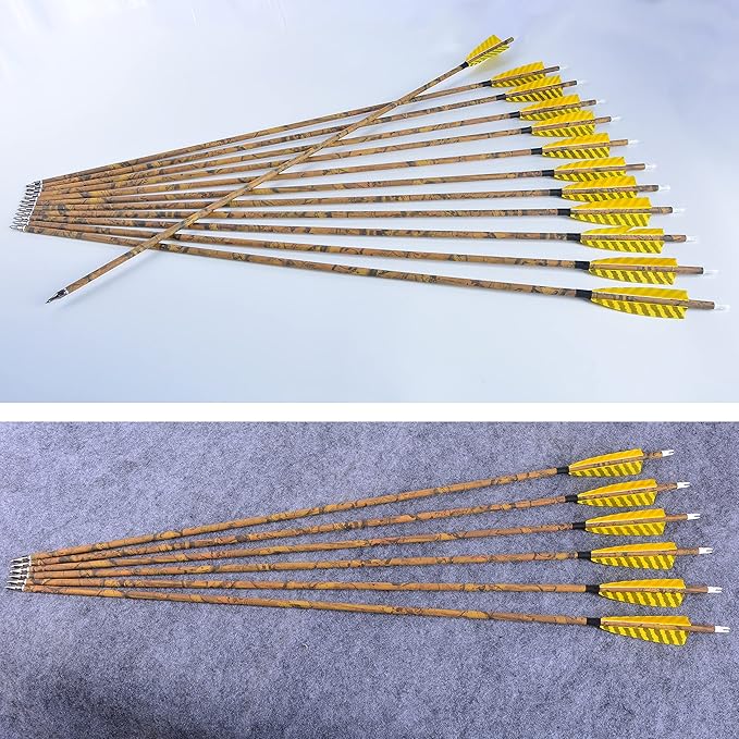 AMEYXGS Camo Carbon Arrow 30 Inch Practice Hunting Arrow Spine 500 with 4 Inch Turkey Feathers for Traditional Recurve Compound Bows