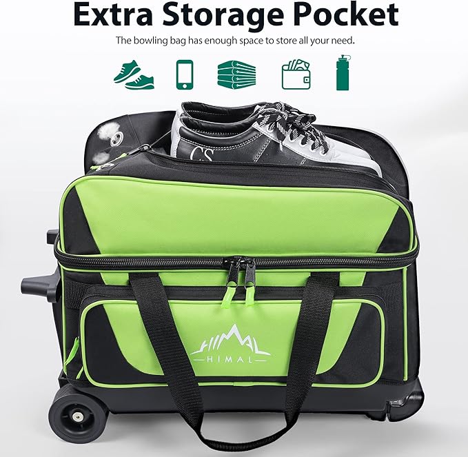 Double Roller 2 Ball Bowling Bag with Separate Shoe Compartment for Bowling Shoes (Up To US Mens Size 15) and Oversized Accessory Pocket, Retractable Handle - Extends to 40"