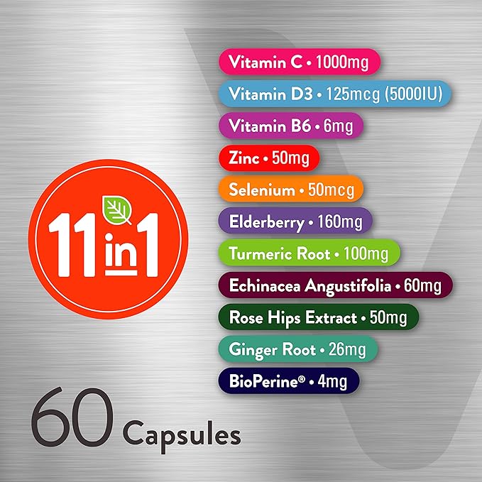 Viteey 11 in 1 Immune Support Supplement - Immune Defense with Vitamin D3, B6, Echinacea, Turmeric, Rose-HIPS, Selenium, BioPerine, Ginger, Elderberry Vitamin C and Zinc - 60 Count