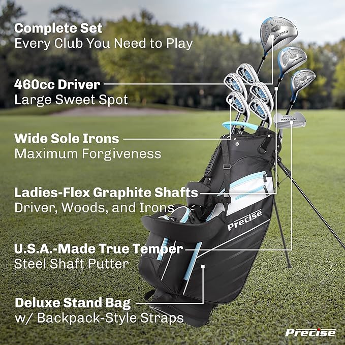 Precise AMG Right-Handed Complete Golf Clubs Set for Petite & Regular Height Women: 460cc Driver, 21° Hybrid, 3 Wood, 6-PW Stainless Irons, Putter, Stand Bag, 3 H/C's | Choose Your Color & Size