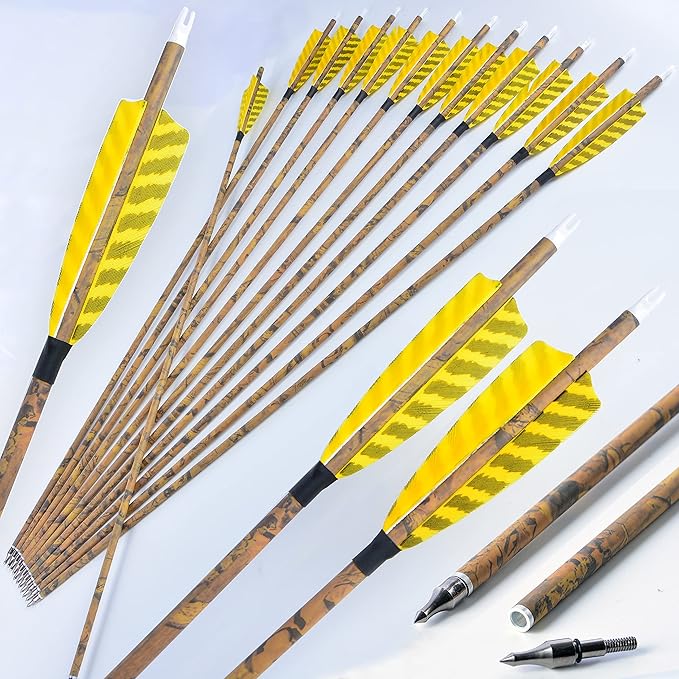 AMEYXGS Camo Carbon Arrow 30 Inch Practice Hunting Arrow Spine 500 with 4 Inch Turkey Feathers for Traditional Recurve Compound Bows