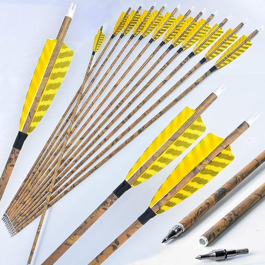 AMEYXGS Camo Carbon Arrow 30 Inch Practice Hunting Arrow Spine 500 with 4 Inch Turkey Feathers for Traditional Recurve Compound Bows