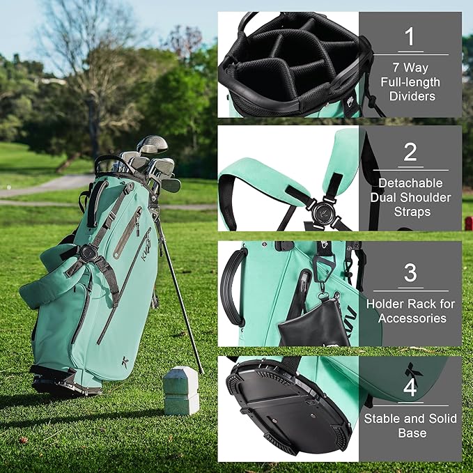 KVV Lightweight Golf Stand Bag with 7 Way Full-Length Dividers, 5 Zippered Pockets, Automatically Adjustable Dual Straps，Elegant Design