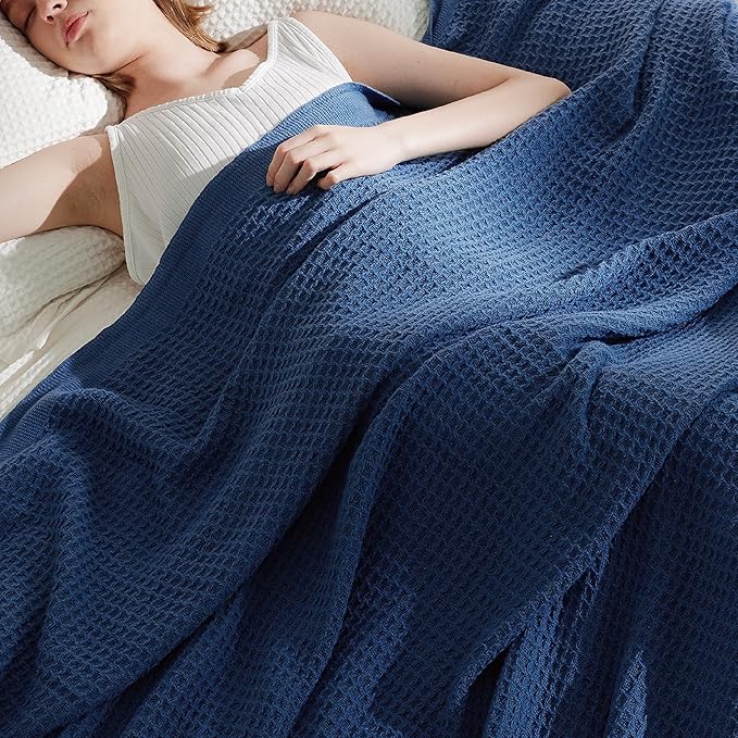 Bedsure 100% Cotton Large Blanket Oversized King for Bed - Breathable Thick Waffle Weave Blanket for Summer, Couch Cover, Navy, 120x94 inches