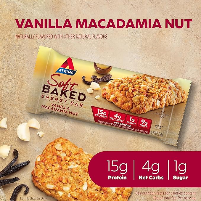 Atkins Vanilla Macadamia Nut Flavored Soft Baked Energy Bars, High in Protein, Low Sugar, High Fiber Snack, Protein Snack, 4 Packs (4 Bars Each)