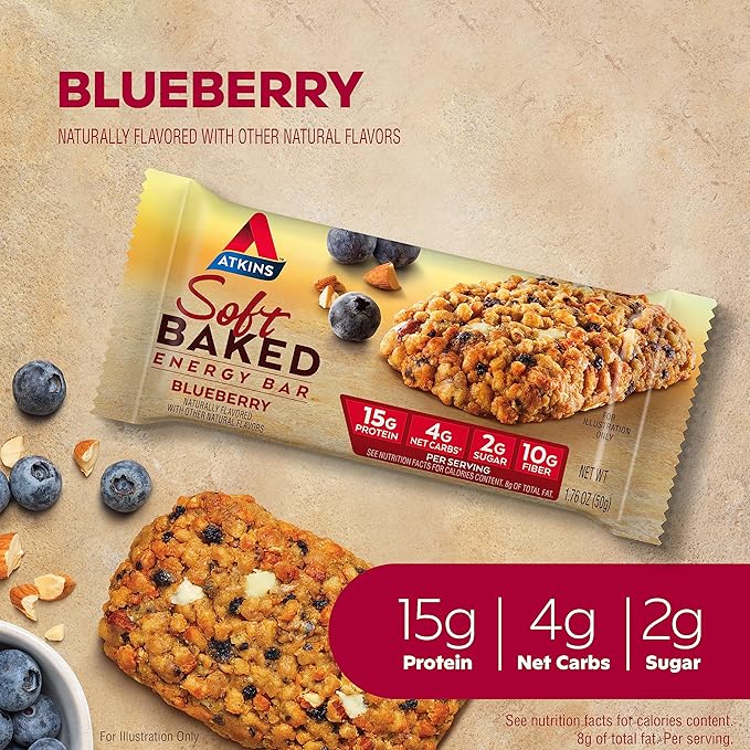 Atkins Soft Baked Energy Bars, Blueberry, 15g Protein,2g Sugar, Excellent Source & Peanut Butter Protein Cookie, Protein Dessert, Rich in Fiber, 3g Net Carb, 1g Sugar