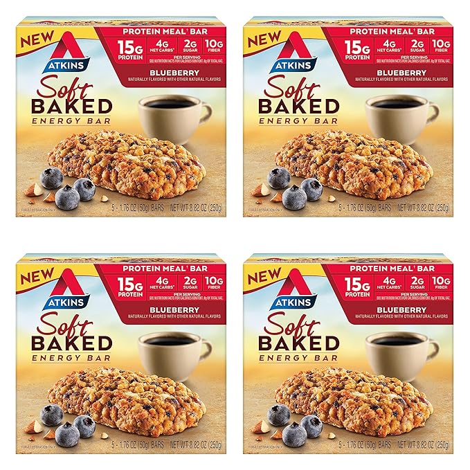 Atkins Soft Baked Energy Bars, Blueberry, 15g Protein,2g Sugar, Excellent Source & Peanut Butter Protein Cookie, Protein Dessert, Rich in Fiber, 3g Net Carb, 1g Sugar
